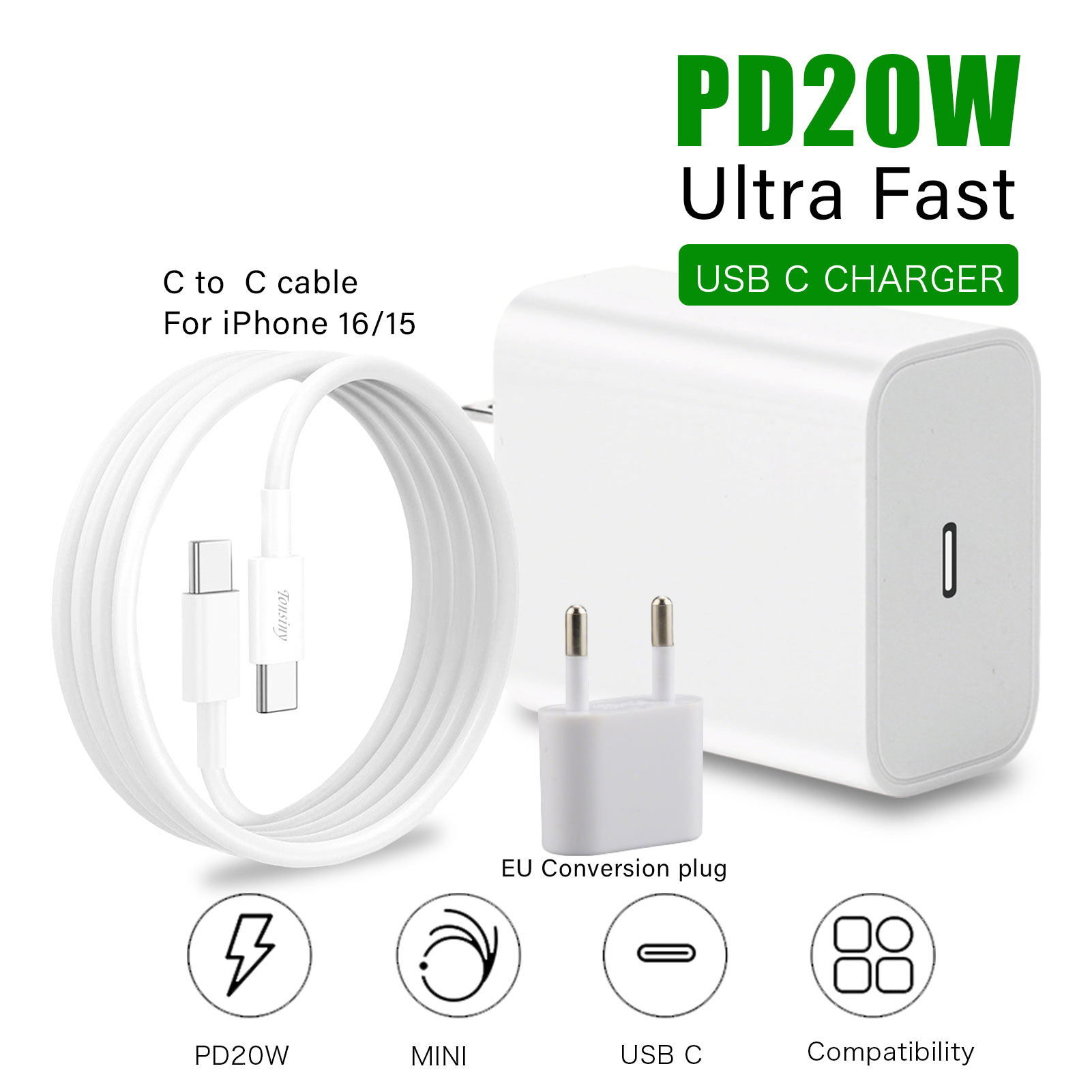 USB C Oplader Blok voor iPhone 16 Chargy Plug PD 20W muurlader met kabel Snelle oplader Data Sync voor iPhone16 15 14 13 12 11 Pro Max Mini Xs iPad Air Type C Power dapte: Universeel
