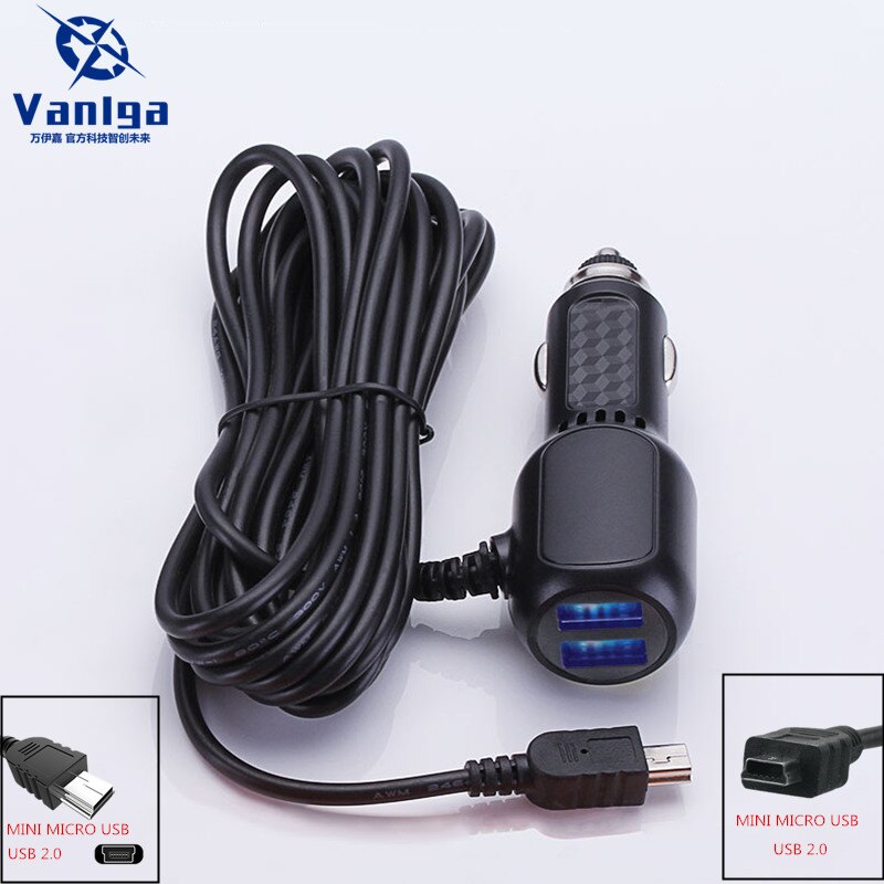 3.5meter 5V 2.1A Gebogen mini USB Autolader met 2 Usb-poort voor Auto DVR Camera GPS Video recorder, input DC 8 V-36 V