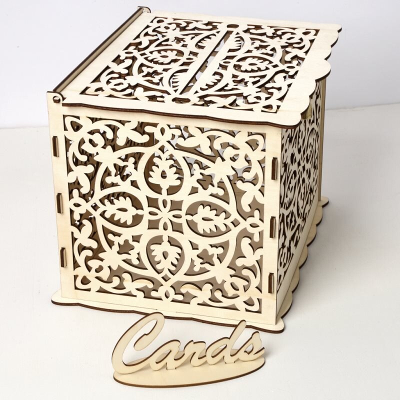 1PC Wedding Card Boxes Wooden Box Wedding Supplies DIY Couple Flower Pattern Grid Business Card Wooden Box S/L
