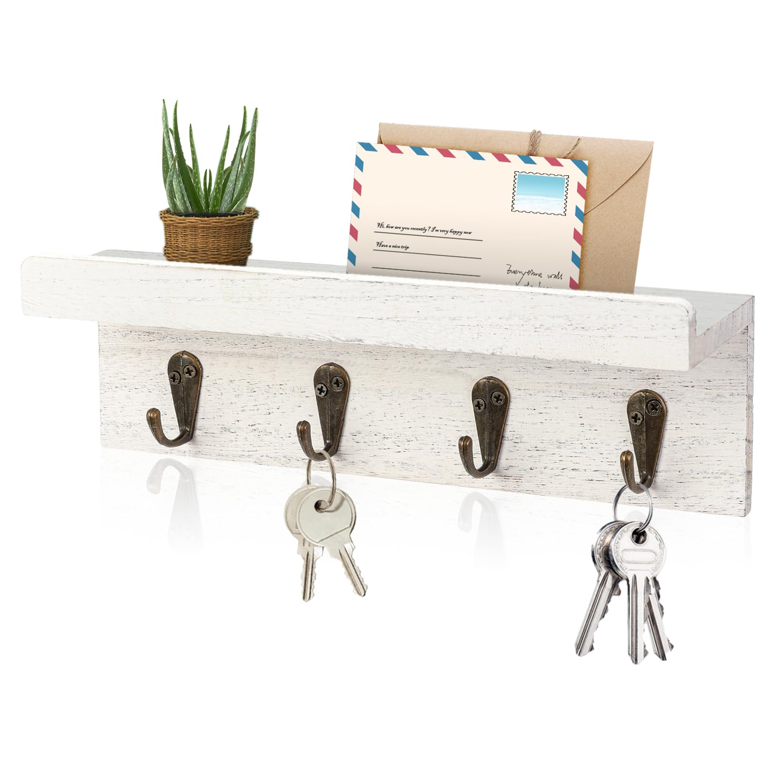 Portallaves de madera de granja, soporte de correo montado en la pared con 4 ganchos para llaves, estante decorativo de entrada para llaves, correa de perro
