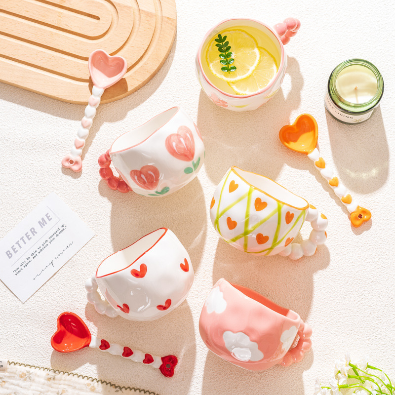 Urocze ceramiczne kubki z wzorem chmur i serc, filiżanki robić kawy, kubki robić herbaty mlecznej z kwiatami, naczynia robić napojów 250 ml, kuchnia