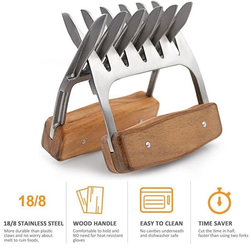 Metal Meat Claw, 1 Pair 18/8 Stainless Steel Meat Fork with Wooden Handle, Minced Meat Claw, (2 Pieces)