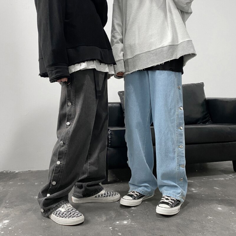 Doble botón en el lateral vaqueros ropa de calle de para hombre Casual pantalones de Hip Hop de pierna amplia Harajuku pantalones de carga