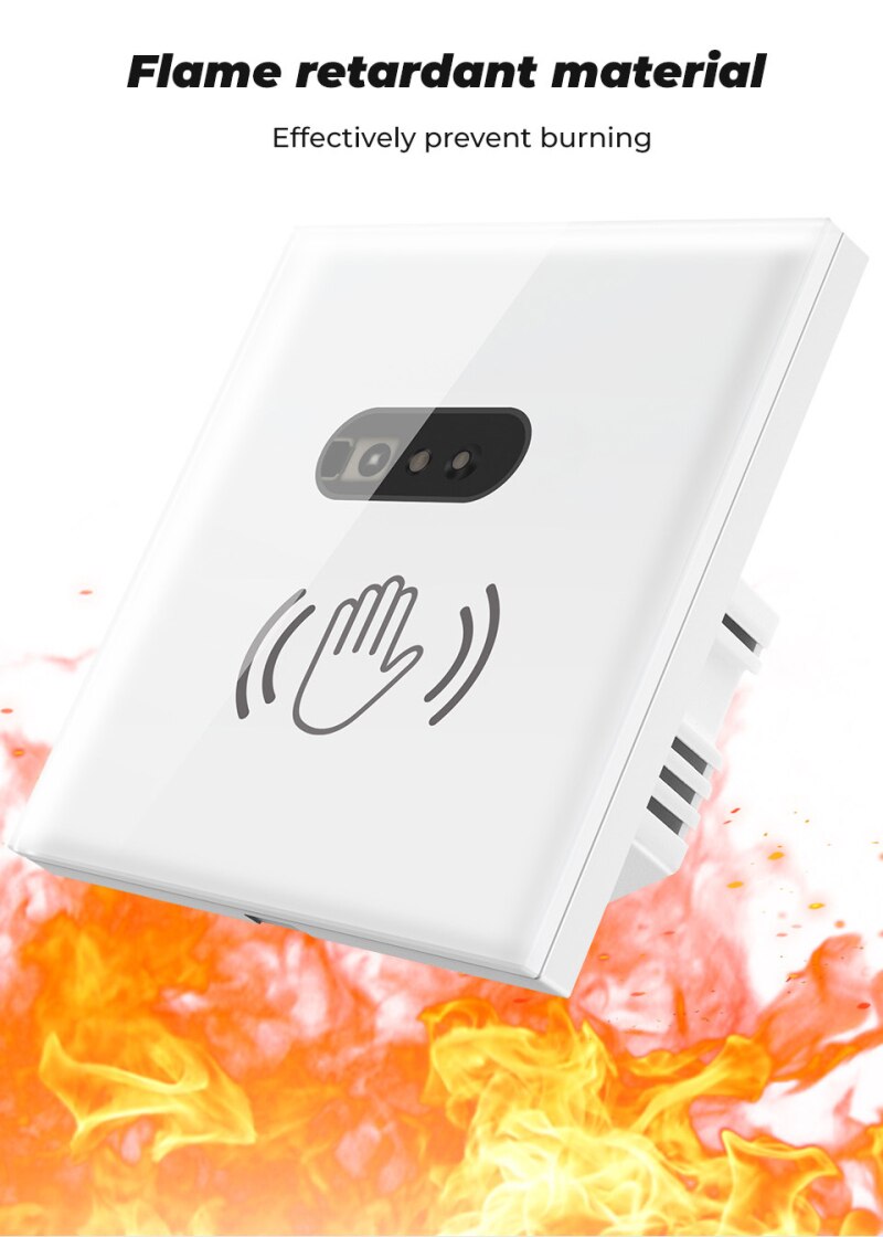 Smart Wall Light Switch Infrared Sensor Smart Switch Glass Display Panel, Neutral Wire, 220V, 10A, No Touch Needed EU Standard