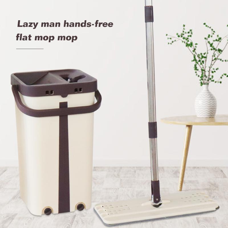 Flat Squeeze Floor Cleaning Mop with Bucket Hand-Free Wringing Mop Wet Dry Usage Automatic Spin Self Cleaning Mop Supply