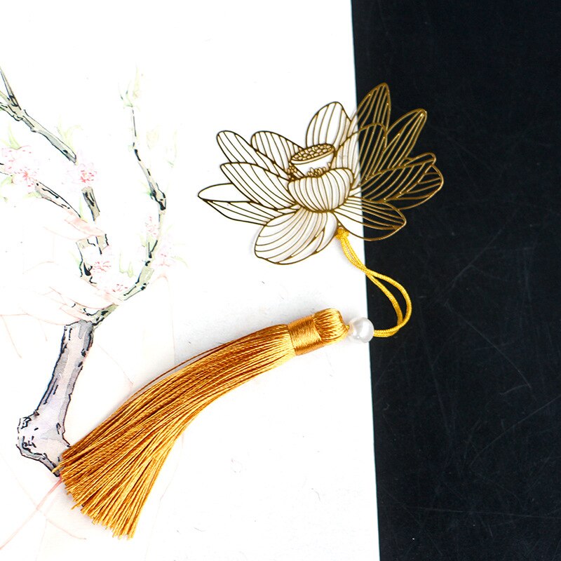 Vintage kinesisk stil gyldent metal hul lotus kvast bogmærke papirvarer bogmærke bog klip kontor tilbehør skoleartikler