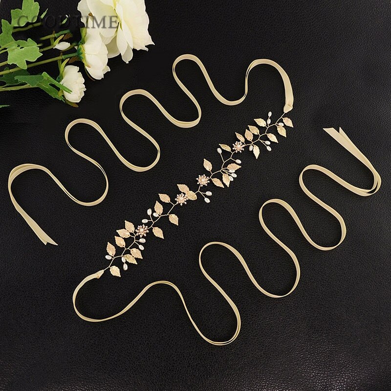 Gold Leaves Wedding Pearl Sash Belt Headdresses and Necklaces For Bride Women Banquet Dress Decoration Belts Party