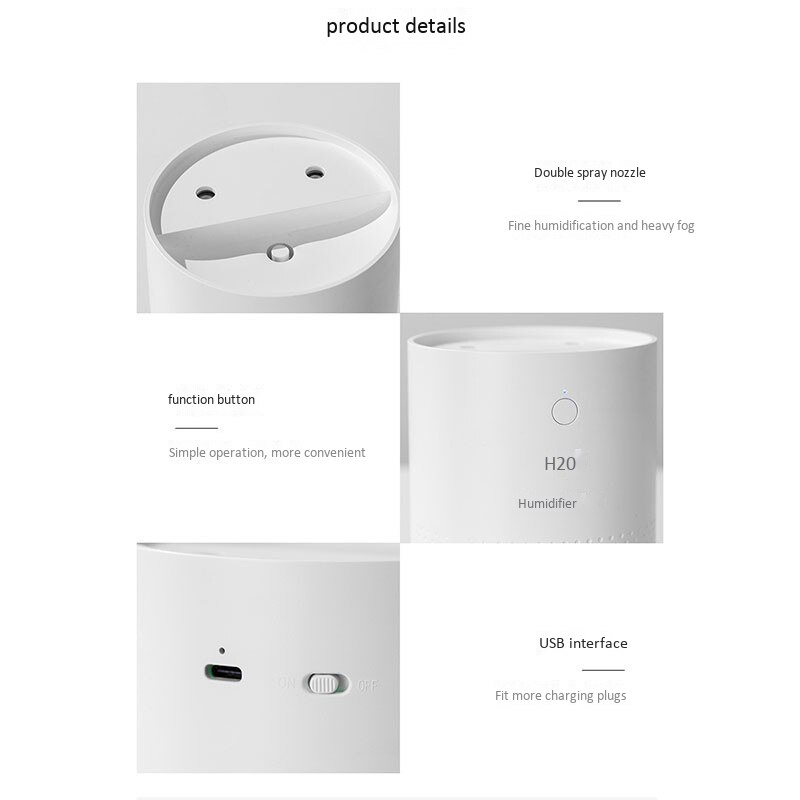 650Ml Dual-Nozzle Humidifier Usb Rechargeable Colorful Lamp Office Desktop Home Purifying and Moisturizing, White