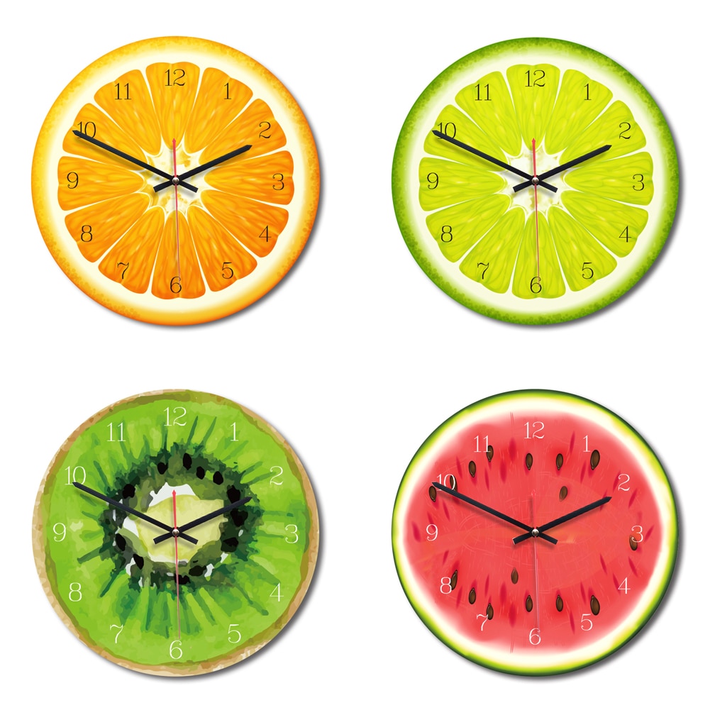 Horloge murale à fruits, citron vert, horloge de cuisine moderne, décoration d'intérieur, horloge de salon, art mural à fruits tropicaux, montres