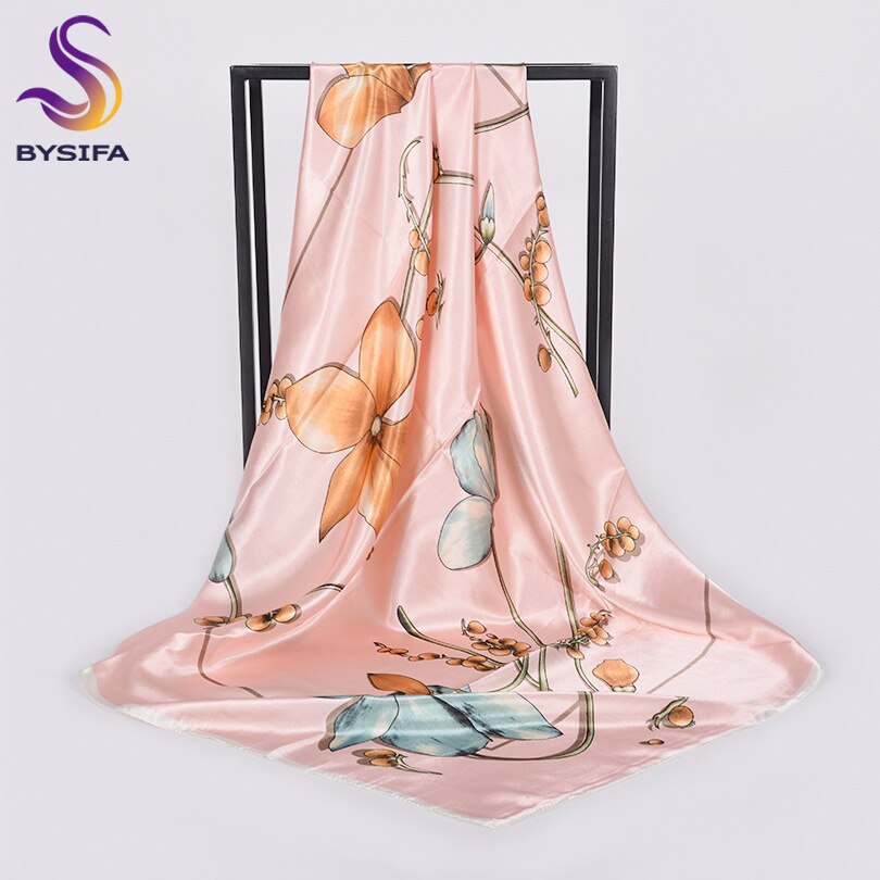 [Bysifa] Herfst Winter Dames Sjaals Accessoires Vrouwen Grote Zijde Vierkante Sjaals Wijn Rood Paisley Moslim Islamitische sjaal: water pink floral