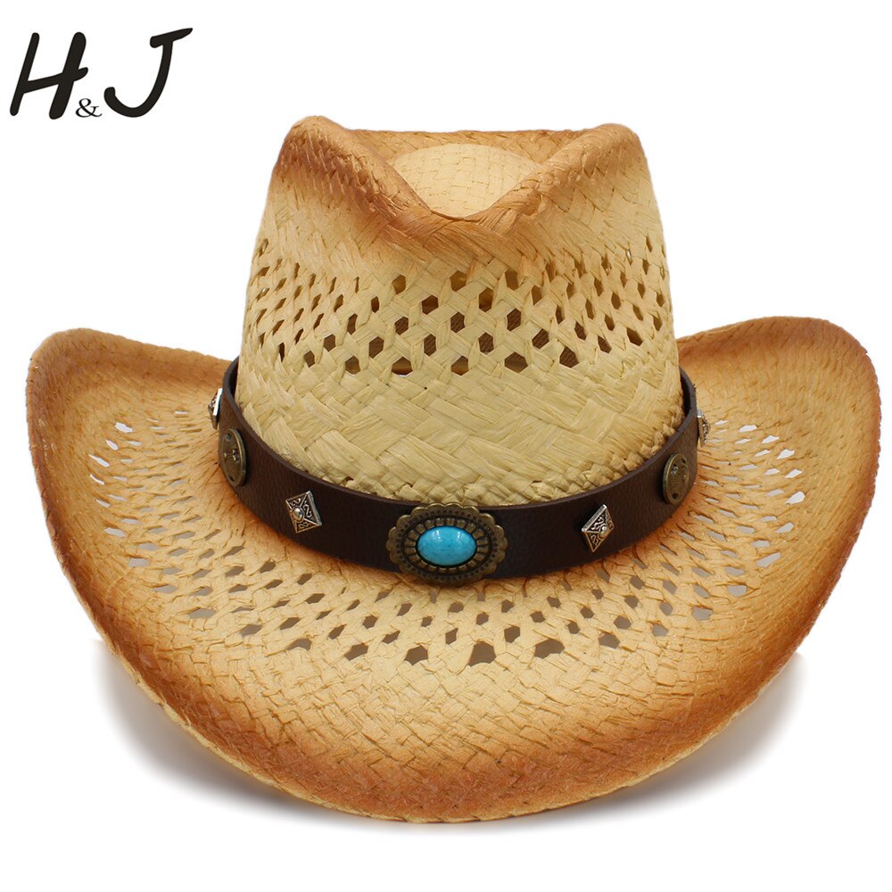 Frauen Männer Western Cowboy Hut WithLeather Punk Band Handgemachte Webart Sombrero Cowgirl Hut Größe 58 cm A0130
