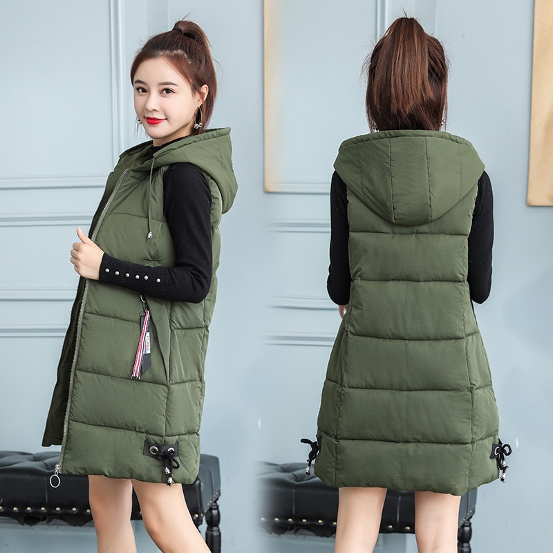 Efterår vinter hættevest kvinder vest plus størrelse lommer lynlås slanke lange veste dame colete feminino