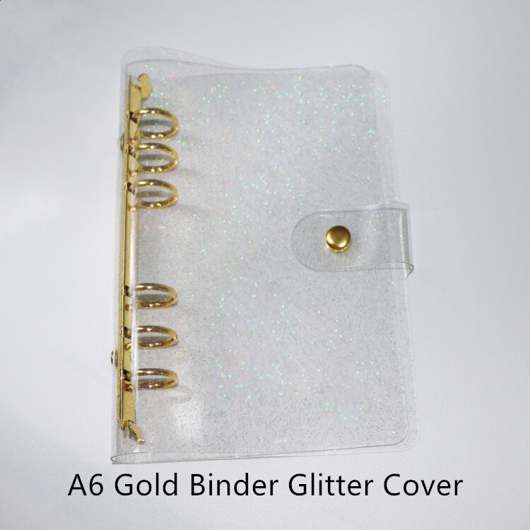 A5 A6 Glitter Binder Cover Soft Clear PVC Notebook Rose Gold Round Ring Protector with Snap Closure DIY Journal Planner Cover: A6 Glitter Gold