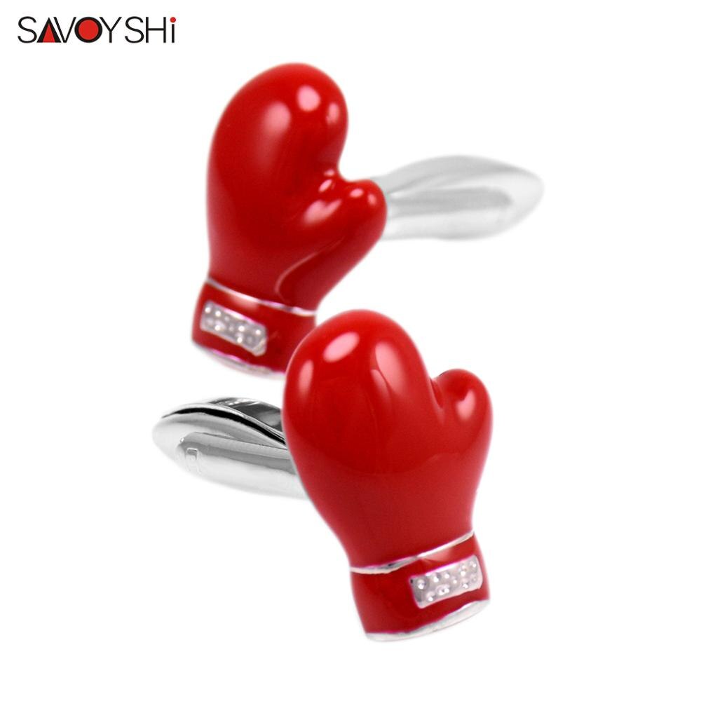 SAVOYSHI Special Cufflinks for Mens Shirt Cuffs Red Enamel Boxing Gloves Model Cuff links Free carving name