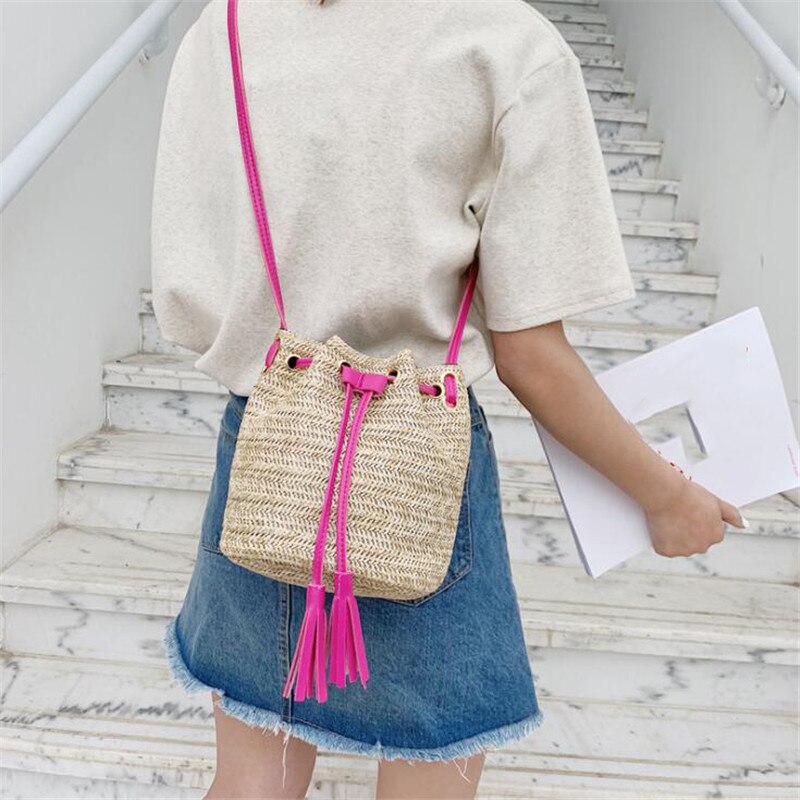 Zomer Vrouwen Kwasten Emmer Crossbody Schoudertas Strand Straw Woven Draagtas Stro Tassen