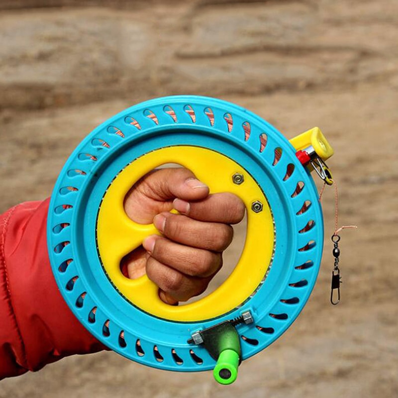 Bobinadora de rollo de cometa, cuerda de rueda de fuego, herramienta de mango volante, línea de cuerda trenzada, agarre azul redondo al aire libre para accesorios de cometa 200M