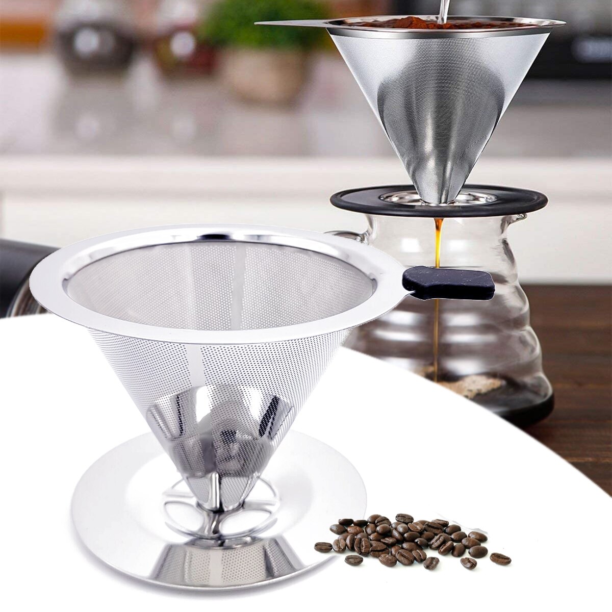 Reusable Coffee Filter Stainless Steel Holder Double Layer Metal Mesh Funnel Baskets Coffee Dripper Tea Filter Basket Tools