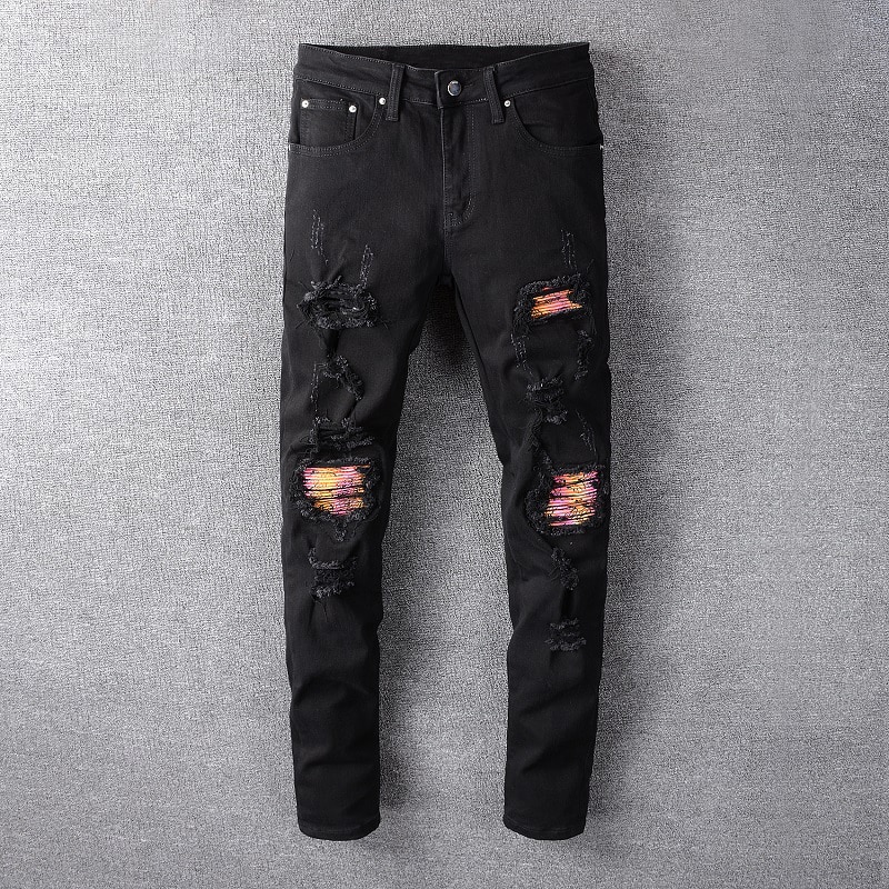 Streetwear Men Jeans Black Color Patchwork Destroyed Ripped Jeans Men Elastic Punk Pants Hip Hop Skinny Jeans Homme