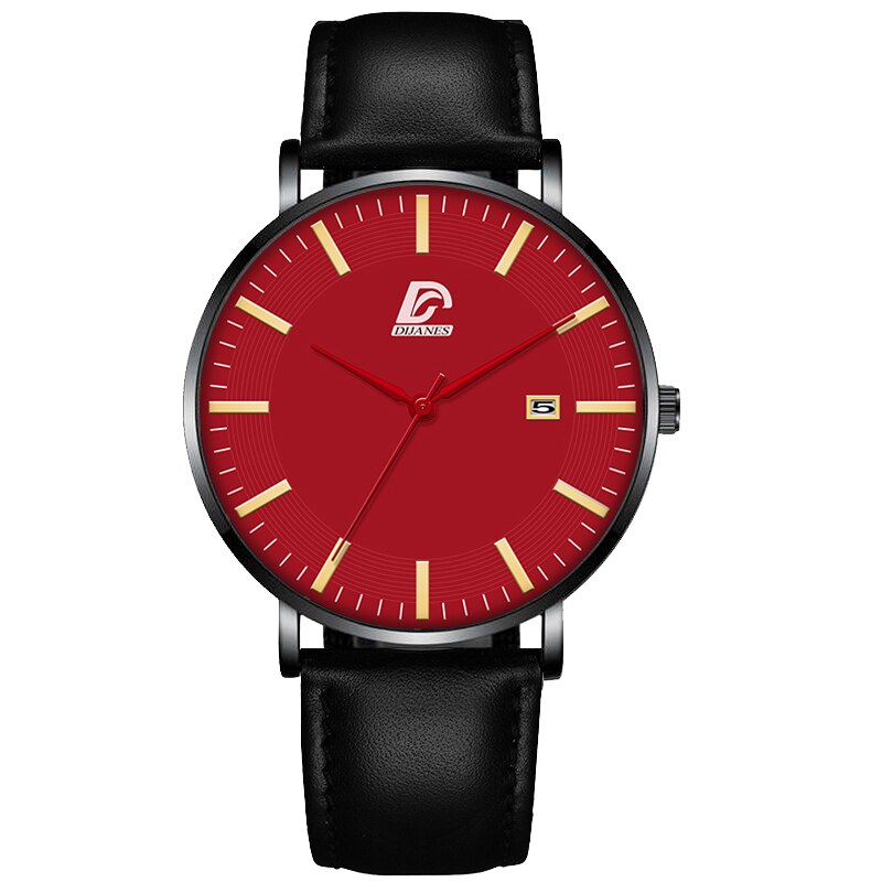 Dijanes miesten business minimalistiset kellot ultraohut ruostumaton teräsverkko vyö analoginen kvartsi rannekello reloj hombre: Nahka musta punainen