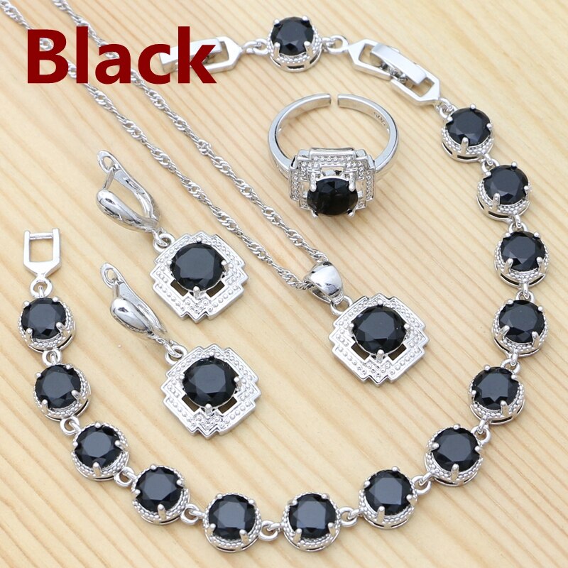 Conjunto de joyería de plata 925 para mujer, anillo redondo rojo granate, pendientes, pulsera, colgante, cadena, joyería cuadrada: Negro