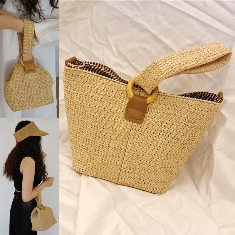 Ladies Handbag Simple Straw Weaved Bag with Round Buckle for Shopping Popular