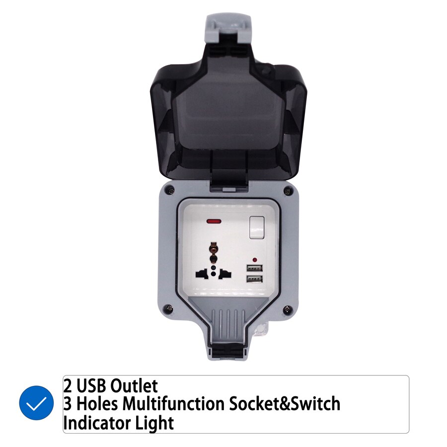 EU UK British Germany European Russian USB 1 Gang Waterproof Socket Enclosure Box Outdoor Outlet Weatherproof 13A 16A Plug In: 3 Holes USB Socket
