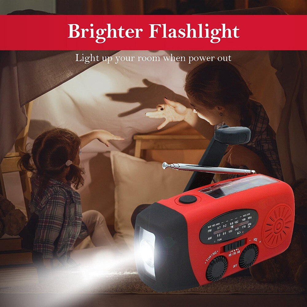 5-in-1 Portable FM Radio Hand Crank Self Powered AM/FM/NOAA Solar Emergency Radios with 3 LED Flashlight 1000mAh Power Bank