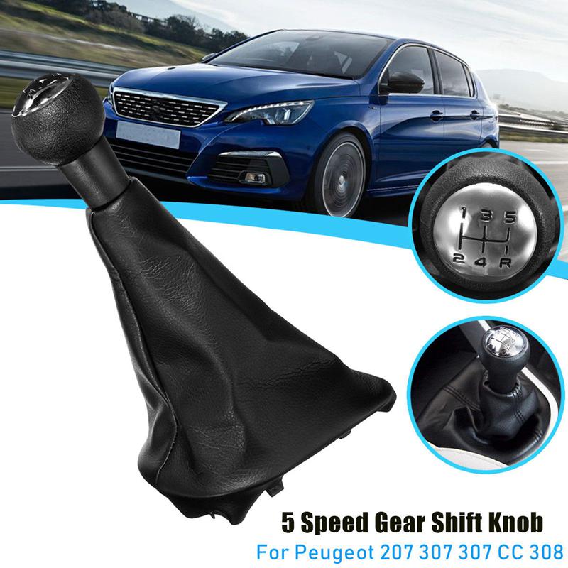 Palanca de cambio de marchas de 5 velocidades, pomo de polaina de cuero para PEUGEOT 207 307 CC 308