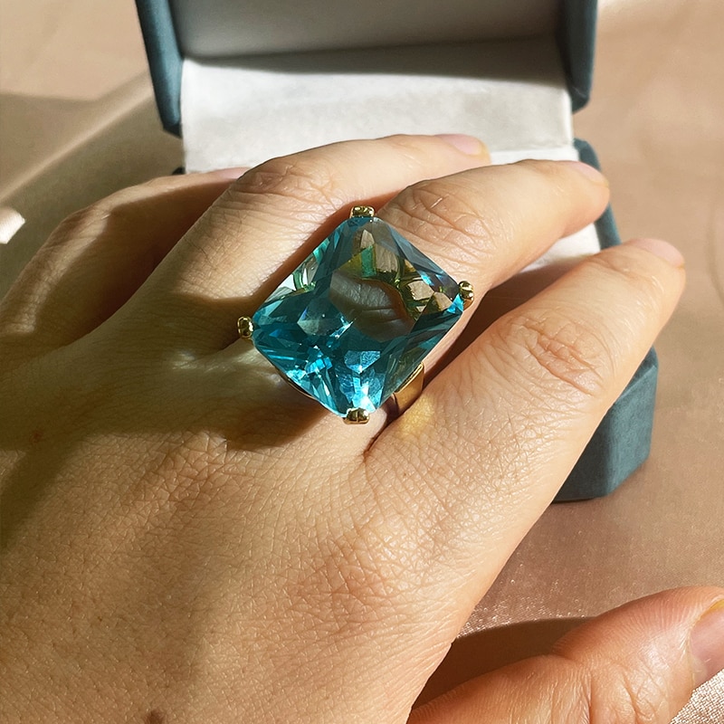 Cellacity Silver 925 Jewelry Rings For Charm Lady With Big Square Blue Topal Gemstones Women Party Size 6-10