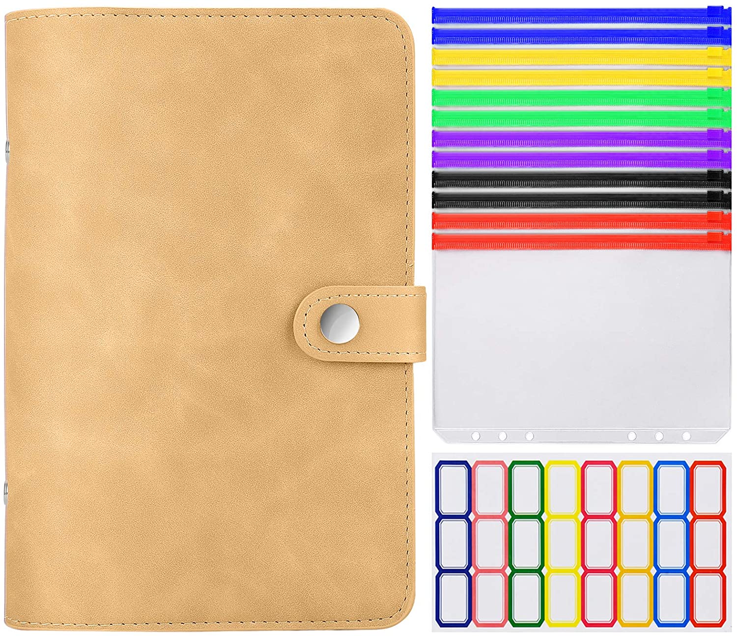 A6 Lederen Bindmiddel Cover Met Plastic Zakken 6 Ring Soft Navulbare Notebook Bindmiddel 12 Gekleurde Clear Rits Envelop Voor Budget: khaki