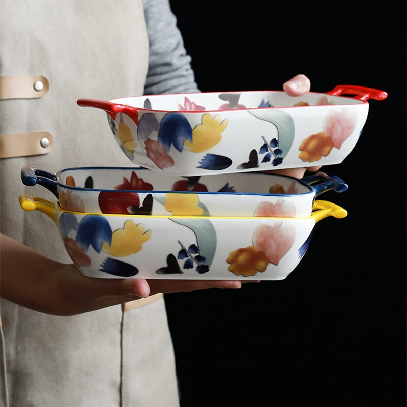 Japanese-style Art Ceramic Binaural Baking Tray Microwave Oven Dedicated Home Kitchen Baking Cheese Plate Western Food Tableware