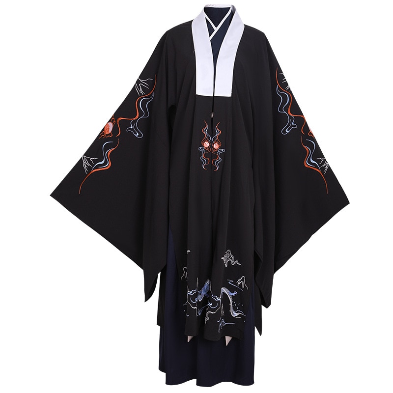 Mannen tang pak oude hanfu volkskleding zwarte geborduurde drakenjas lange jurk mannelijke festival rave outfit dnv 12442