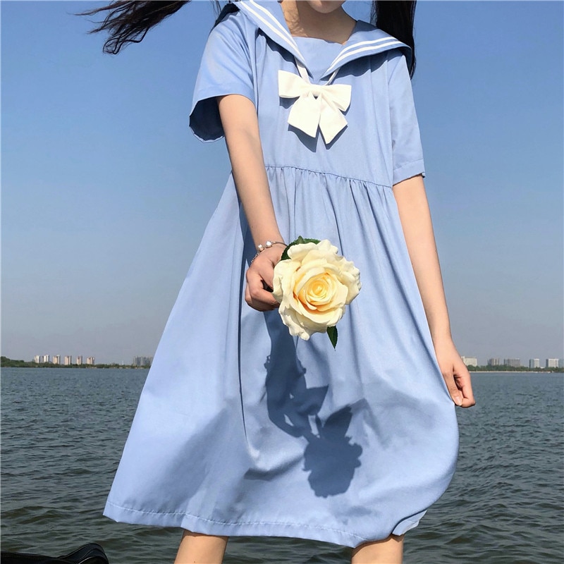 Rok vrouwelijke zomer koreaanse effen dunne lange jurk schooluniform japanse matrozenjurk schooljurk