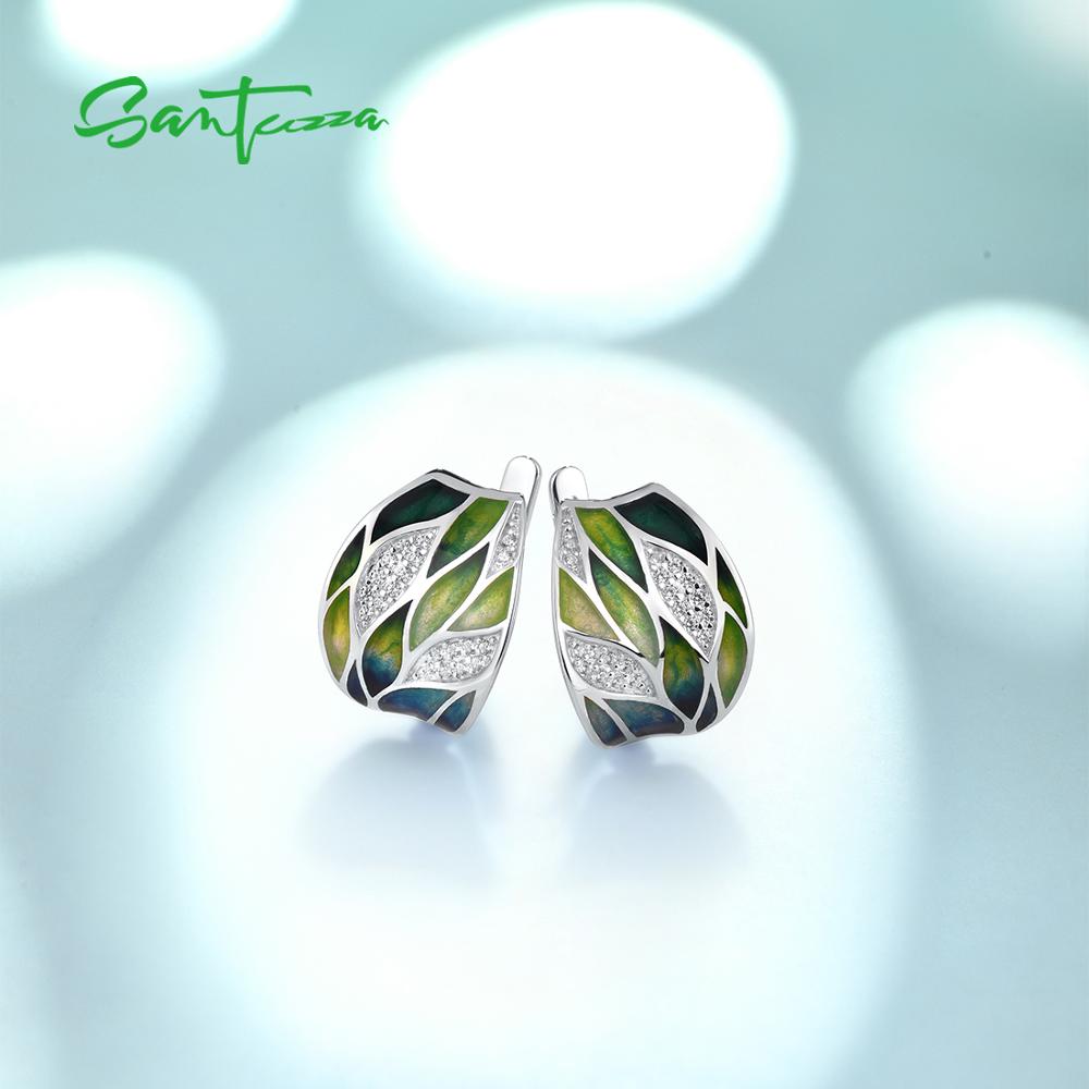 SANTUZZA Silver Earrings For Women Genuine 925 Sterling Silver Green Bamboo leaves Shiny White CZ Fine Jewelry Handmade Enamel