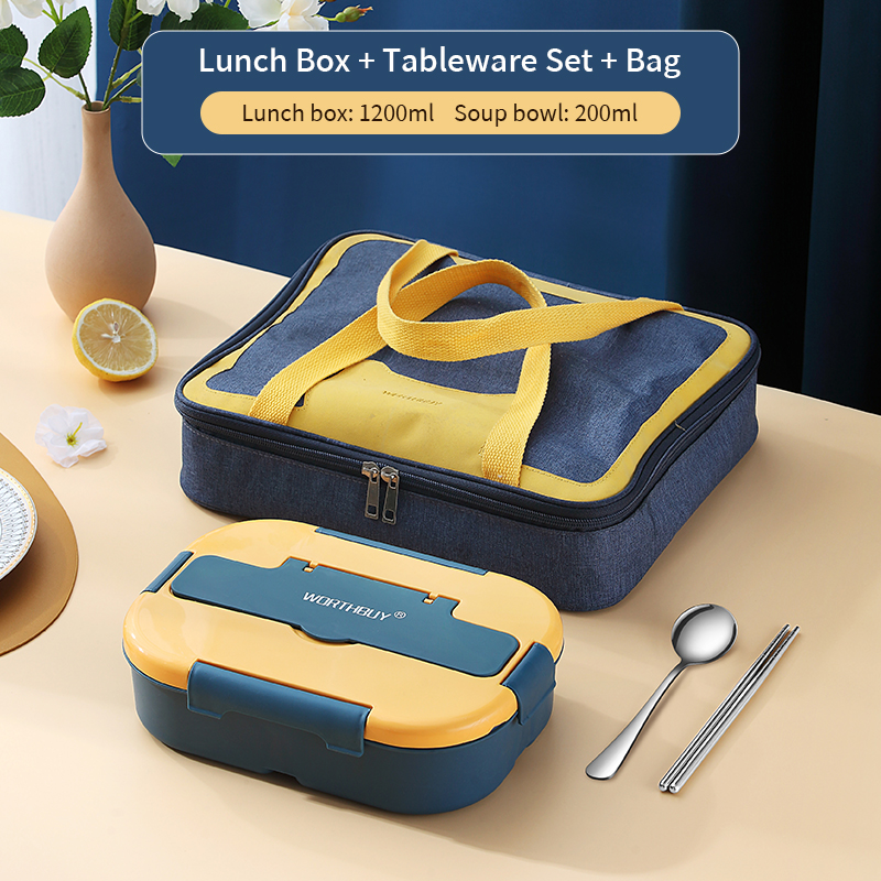 WORTHBUY Microwave Lunch Box For Kids School Plastic Food Container Leak-Proof Bento Lunch Box With Compartment Lunch Container: A Blue With Bag