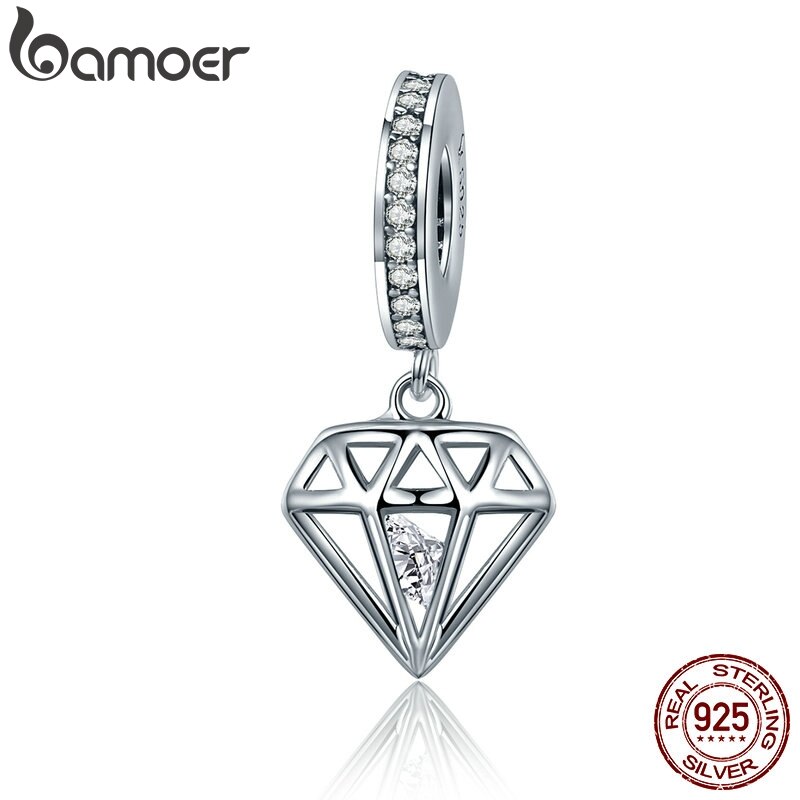 Colgante de corazón de cristal brillante de Plata de Ley 925 auténtica de BAMOER compatible con pulseras de mujer, de joyería DIY SCC186