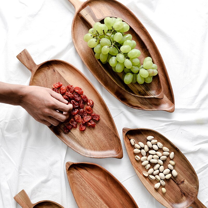 Bandeja de madera maciza con forma de hoja creativa, bandeja para comida, platos para postre, aperitivos, bandeja de té, platos de madera para Pan y pastel, bandejas de almacenamiento