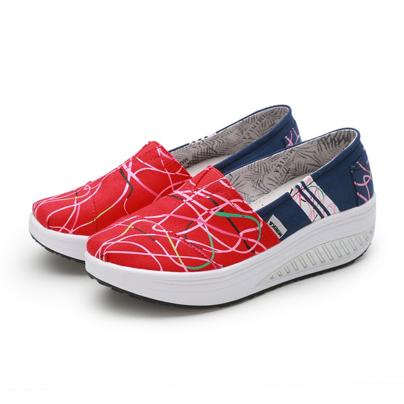 Women Breathable Canvas Shoes Slip On Summer Platforms Wedges Height Increasing Slimming Toning Walking Swing Shoes: Red / 4.5