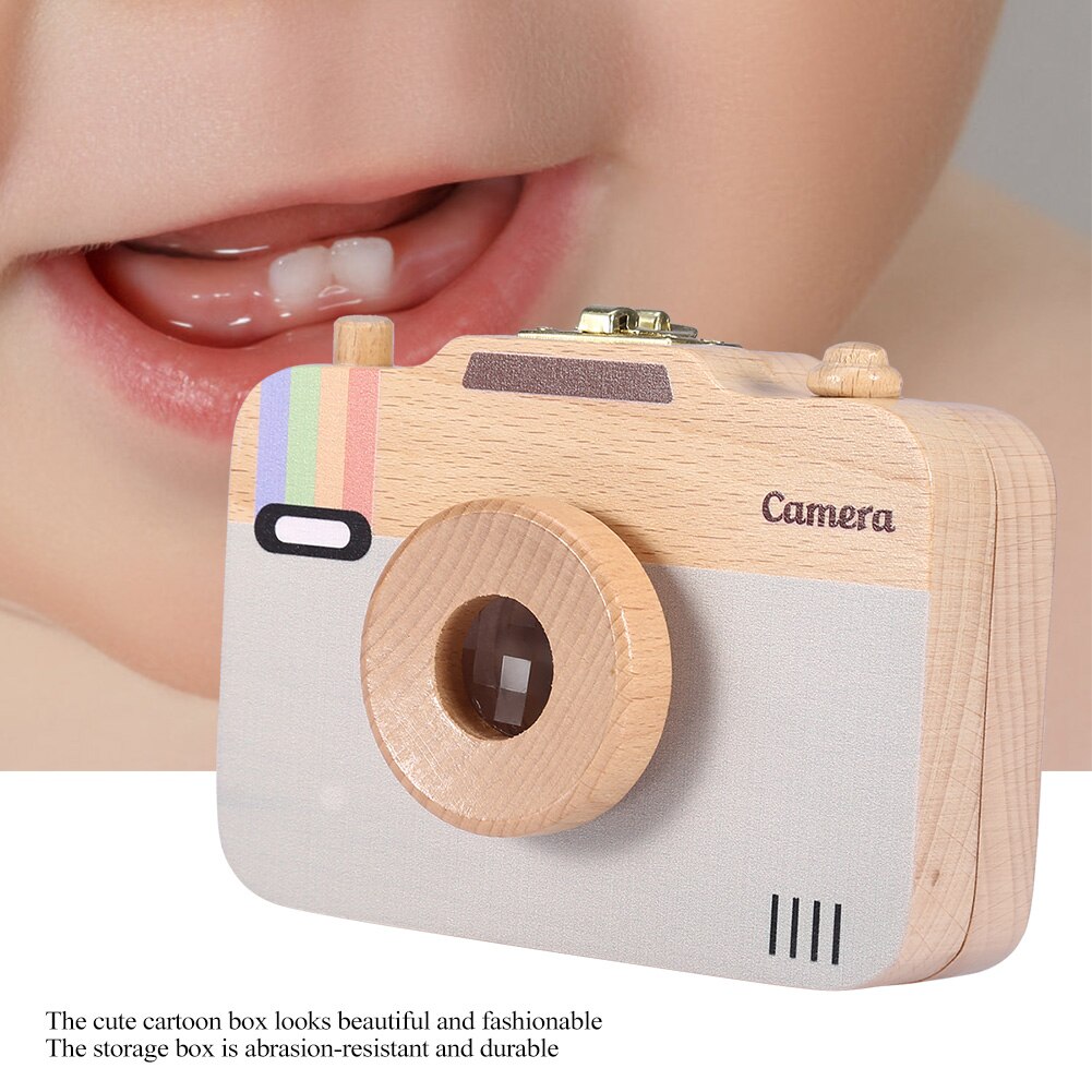 Wooden Baby Tooth Box Teeth Organizer Wooden Camera-pattern Storage Box Case for Baby Teeth and Baby Hair
