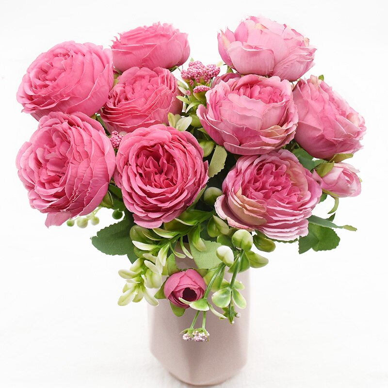 1 stk 5 gafler 9 blomster bryllup hjemmedekorasjon tilbehør kunstig peon bukett gjør det selv blomsterarrangement jul