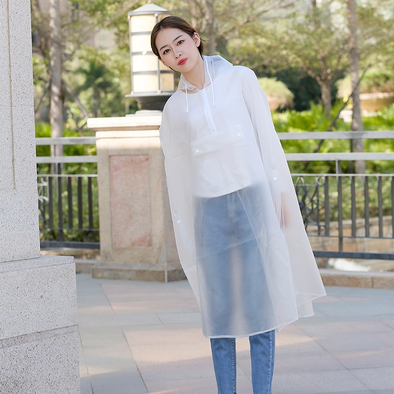 Men's and women's hooded transparent raincoat white button zipper