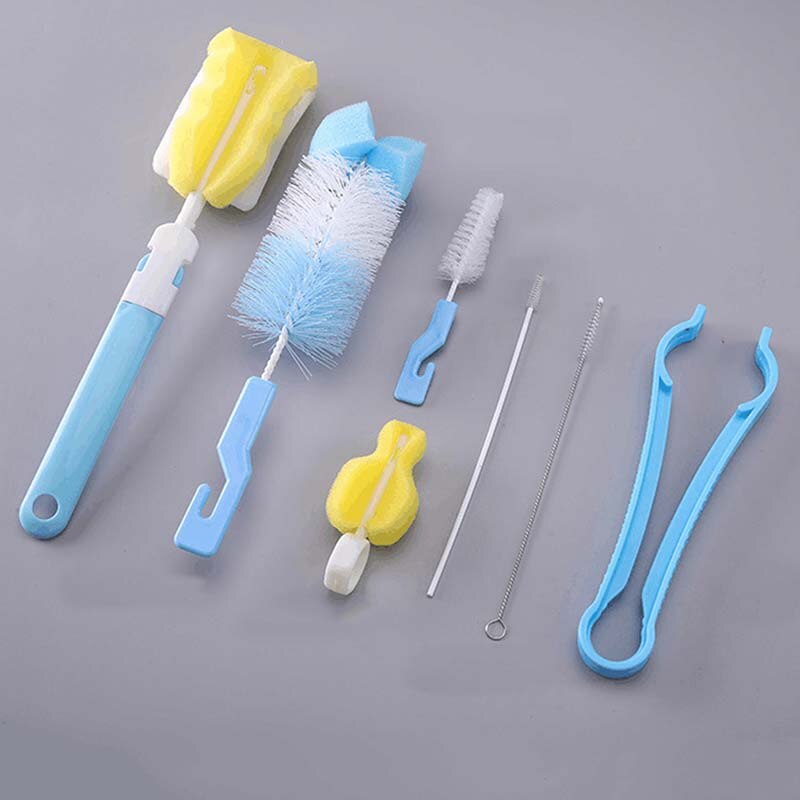 7 pièces/ensemble bouteille éponge nettoyage brosse outils ensemble de Durable pratique nettoyage brosse outil: Bleu