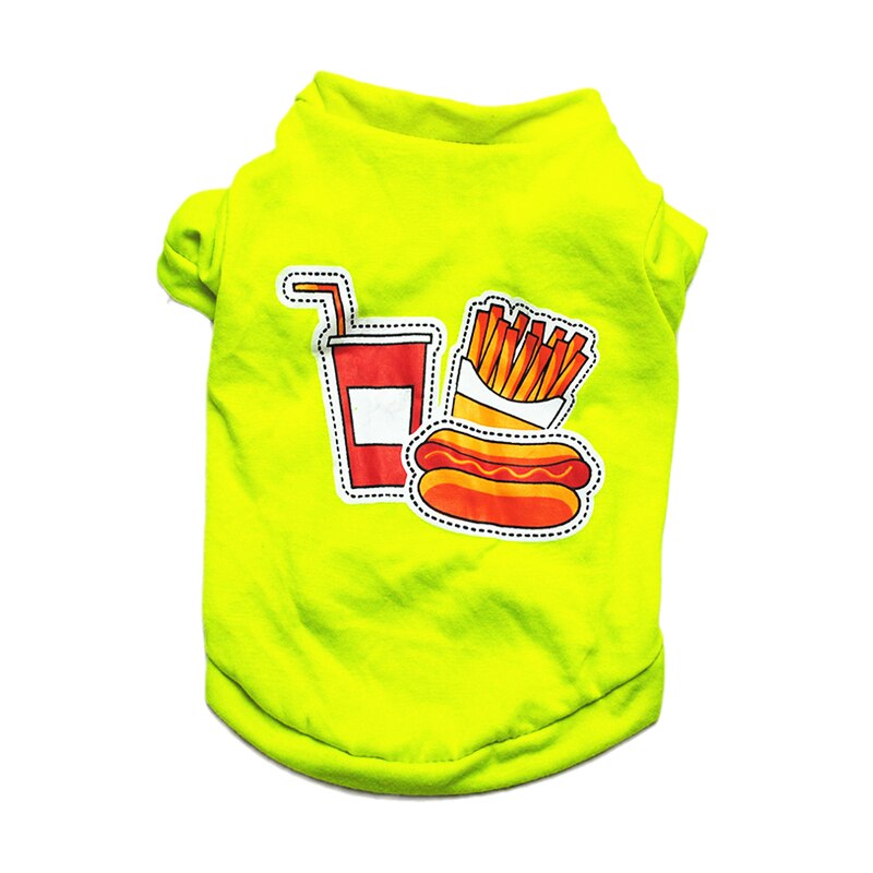 Camiseta barata de algodón para perros pequeños, ropa estampada para mascotas, Yorkshire, Pomeranian, Pug, gato: S-suit 1.3-2.5kg / Green Fries