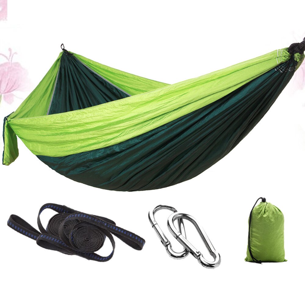 Udendørs camping hængekøje hængende seng rejse bærbar hængekøje enkelt dobbelt person fritid hængekøje  (1pc hængekøje , 2 stk stål spænde: Frugtgrøn mørk g