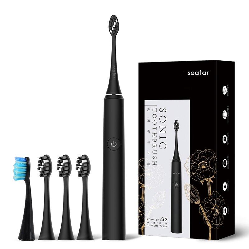 Seago elektrisk sonisk tandbørste 5 tilstand genopladelig automatisk udskiftning tandbørste voksen vandtæt hvidere bedst: Sort 3