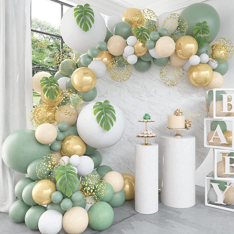 QIFU Grün Weiß Gold Ballon Girlande Bogen Bausatz Safari Dschungel Geburtstag Party Dekor freundlicher Hochzeit Geburtstag Ballon Baby Dusche Dekor