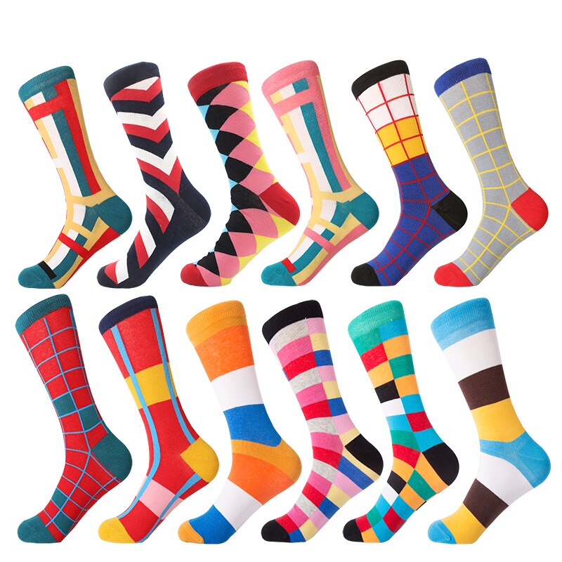 MYORED 12 par/lote calcetines informales para hombre a cuadros coloridos dibujos animados de frutas animales lunares rayas feliz de negocios calcetas de algodón de vestir Hombre: T030