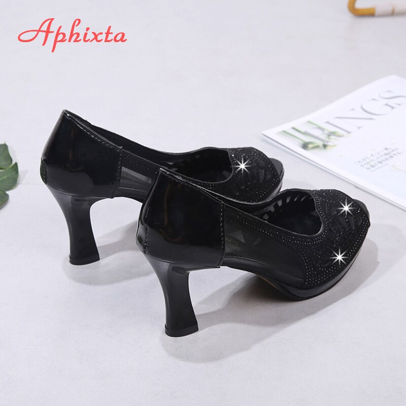 Aphixta peep toe 8cm heels damesschoenen bling kristallen italiaanse stijl air mesh dames extreem hoge hak pumps