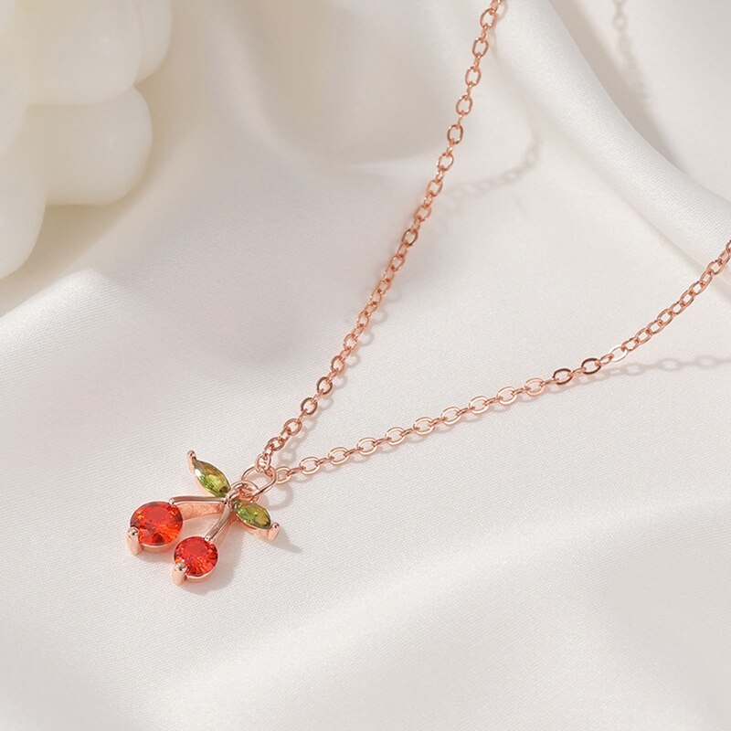 Sweet Little Cherry Ketting Kristallen Zirkoon Fruit Cherry Ketting Voor Vrouwen Sieraden Sleutelbeen Kettingen Hangers Choker Colar
