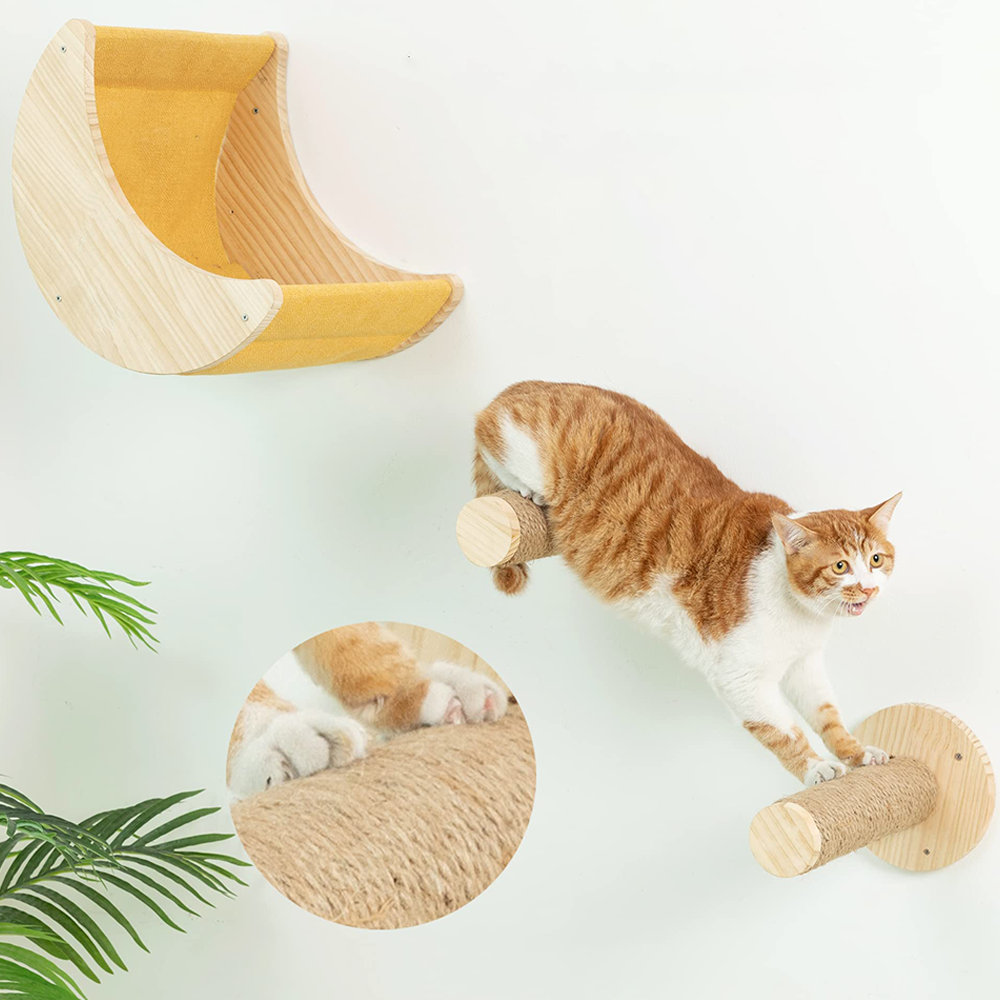 Wall Mounted Cat Tree Cat Climbing Wooden Shelves Climbing Hammock Set Scratching Post and Ladder for Cats Playing and Sleeping